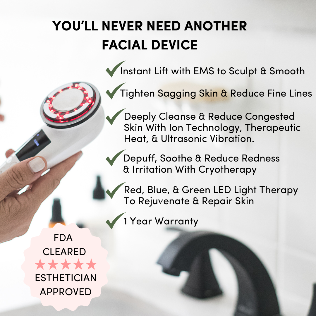 Me Time Botanicals Everything Device showcasing its multifunctional skincare benefits, including EMS for lifting, microcurrent, ion technology, LED light therapy, and cryotherapy, with text highlighting its FDA-cleared and esthetician-approved features