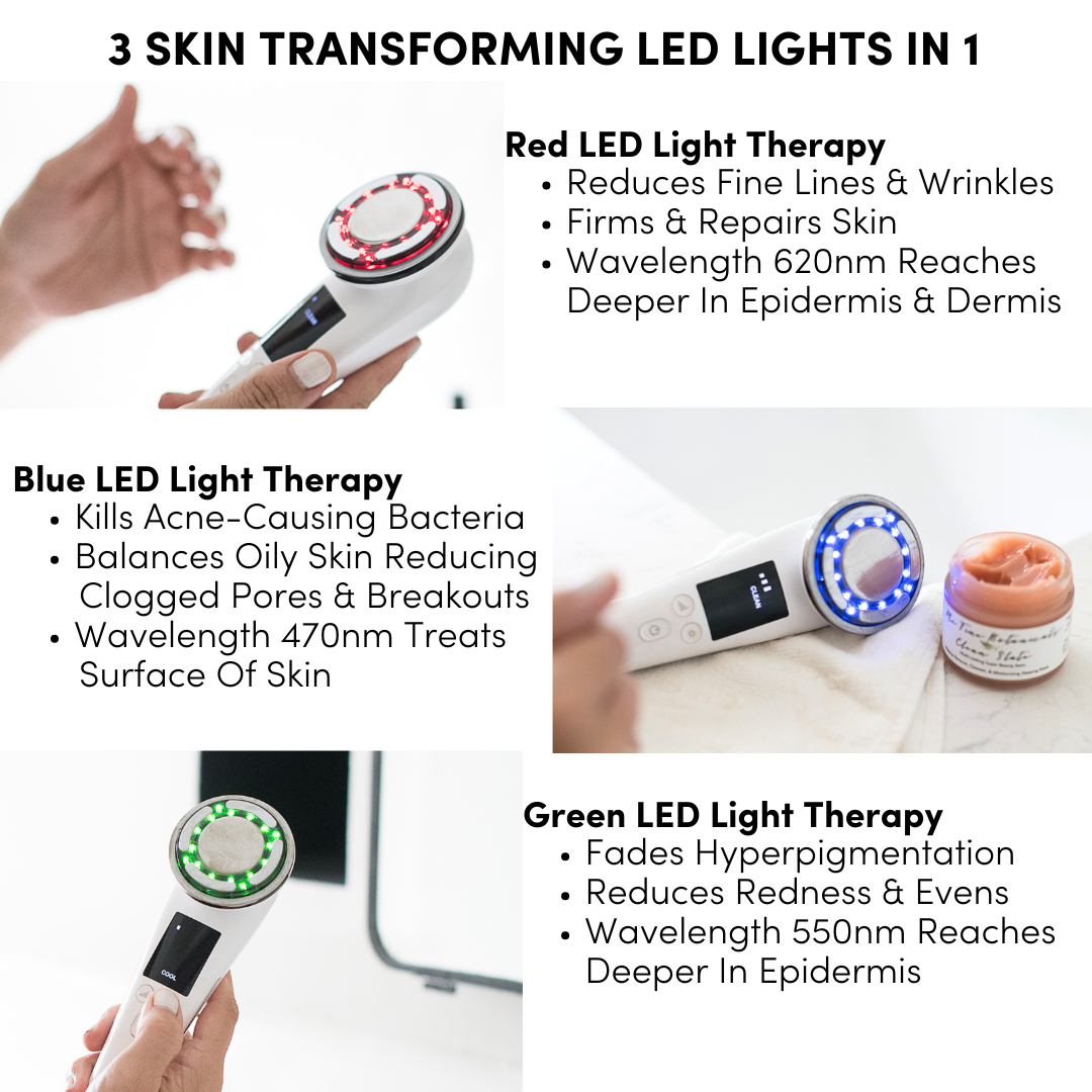 Me Time Botanicals Everything Device showcasing three LED light therapies: red for reducing fine lines and repairing skin, blue for treating acne and balancing oily skin, and green for fading hyperpigmentation and reducing redness, with detailed descriptions of each light therapy's benefits and wavelengths.